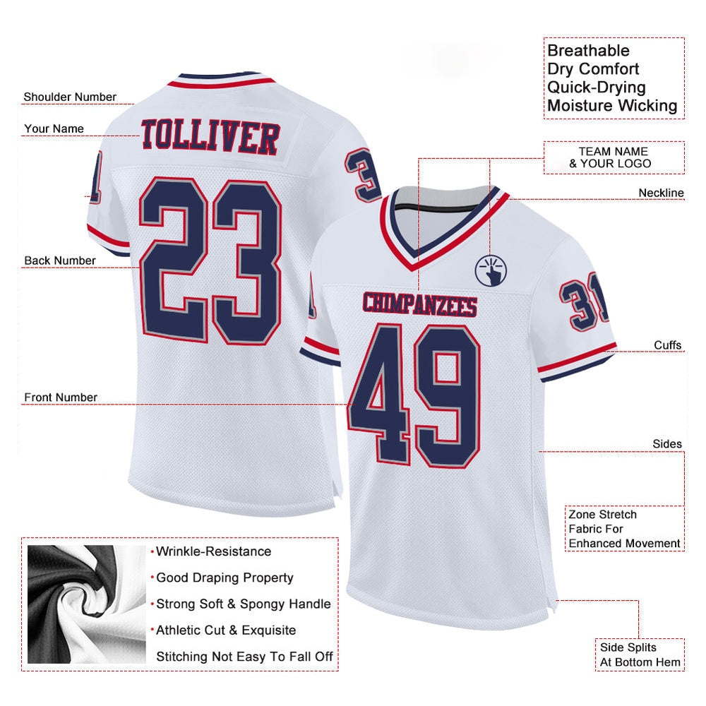 Custom White Navy Red Mesh Authentic Throwback Football Jersey, Team Jerseys Football, Custom Football Jersey