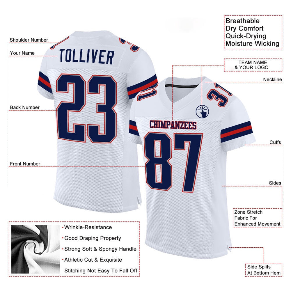 Custom White Navy Scarlet Mesh Authentic Football Jersey, Team Jerseys Football, Custom Football Jersey