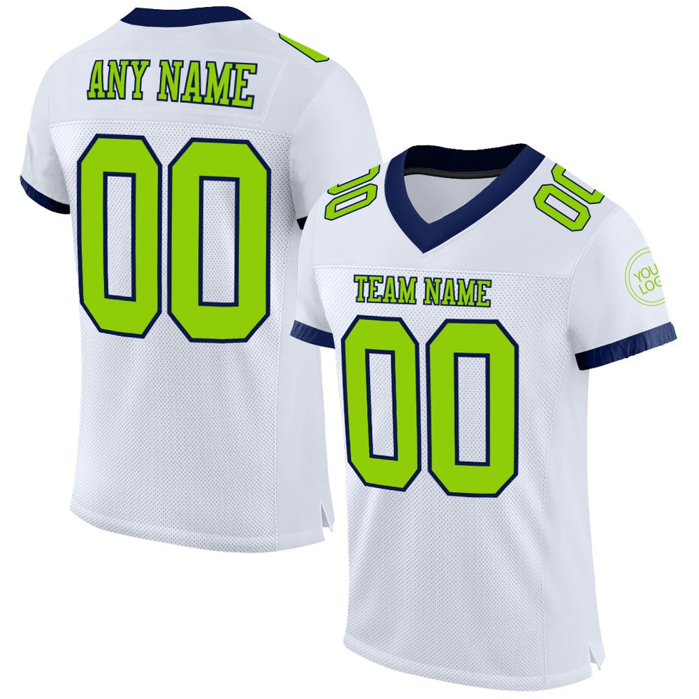 Custom White Neon Green Navy Mesh Authentic Football Jersey, Team Jerseys Football, Custom Football Jersey