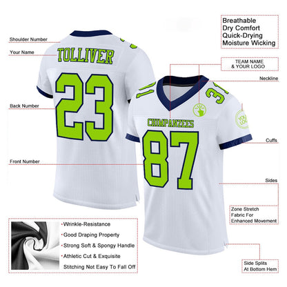 Custom White Neon Green Navy Mesh Authentic Football Jersey, Team Jerseys Football, Custom Football Jersey