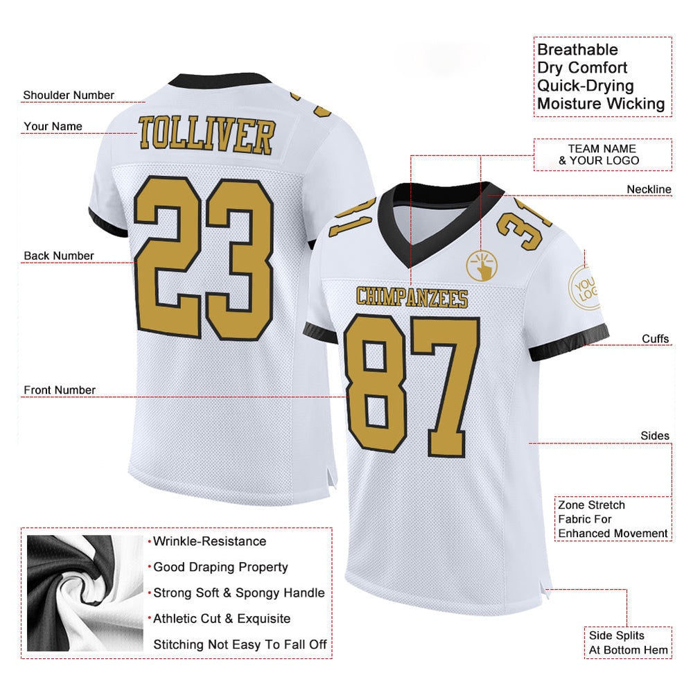 Custom White Old Gold Black Mesh Authentic Football Jersey, Team Jerseys Football, Custom Football Jersey