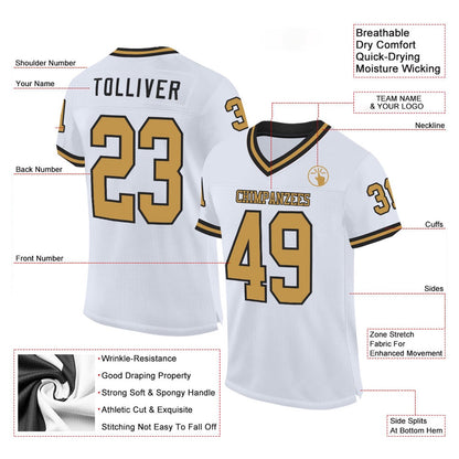 Custom White Old Gold Black Mesh Authentic Throwback Football Jersey, Team Jerseys Football, Custom Football Jersey