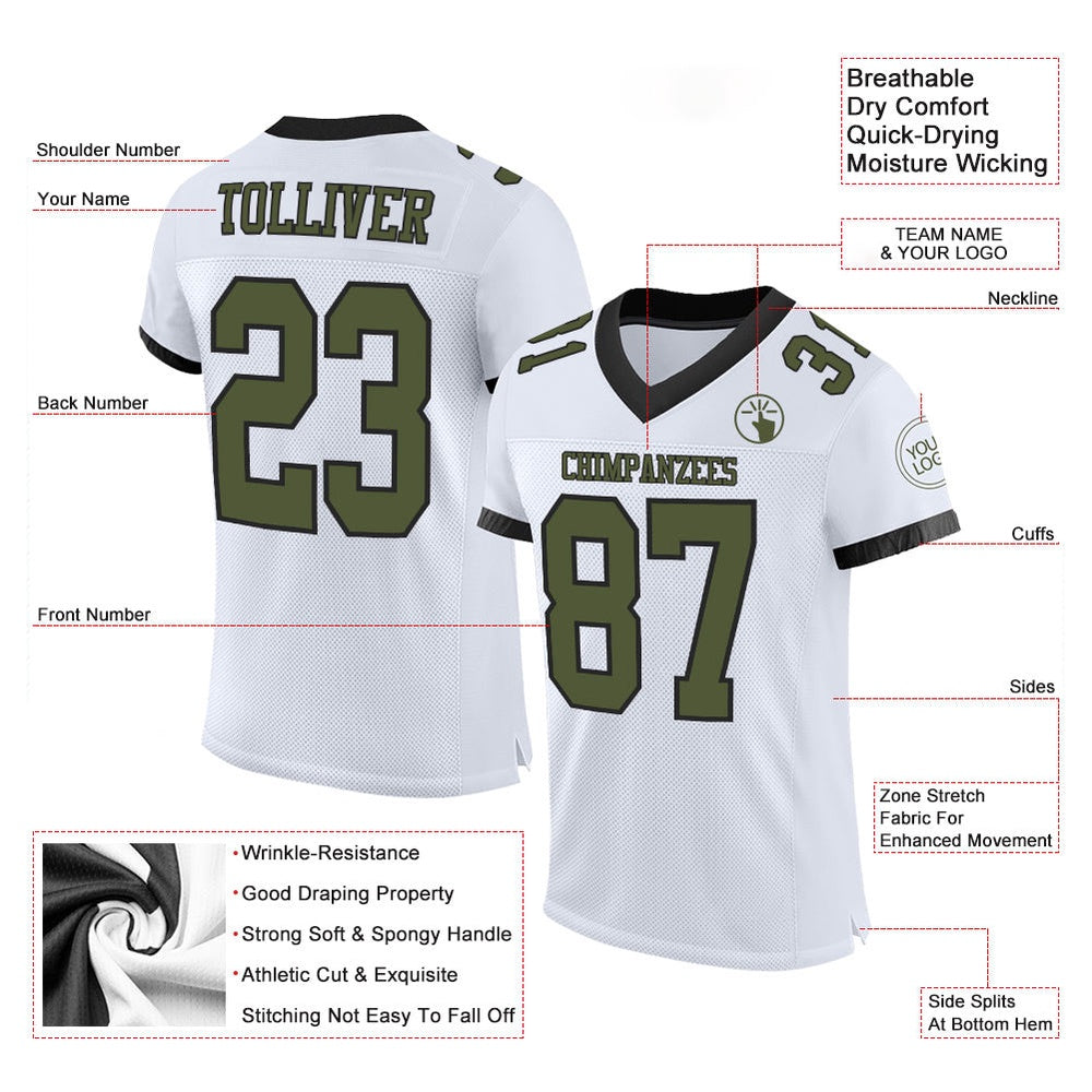 Custom White Olive Black Mesh Authentic Football Jersey, Team Jerseys Football, Custom Football Jersey