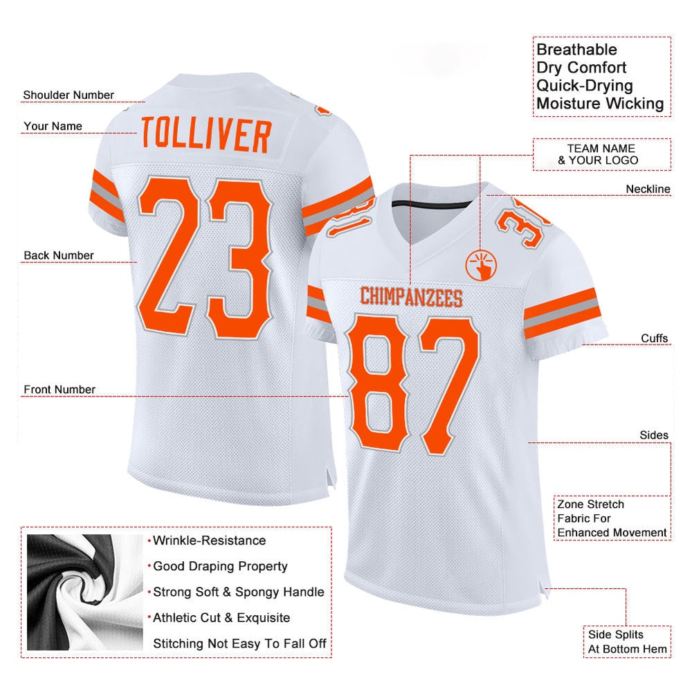 Custom White Orange Gray Mesh Authentic Football Jersey, Team Jerseys Football, Custom Football Jersey