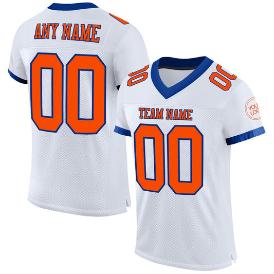 Custom White Orange Royal Mesh Authentic Football Jersey, Team Jerseys Football, Custom Football Jersey