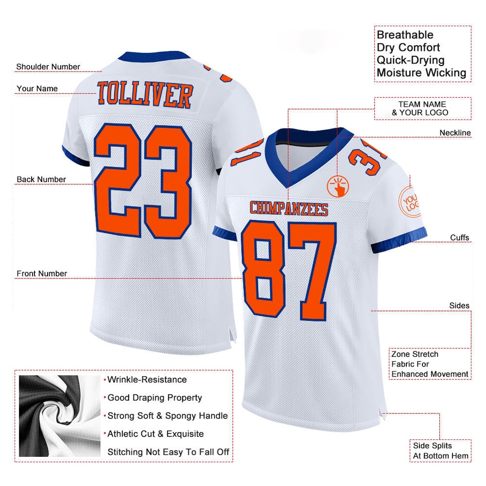 Custom White Orange Royal Mesh Authentic Football Jersey, Team Jerseys Football, Custom Football Jersey