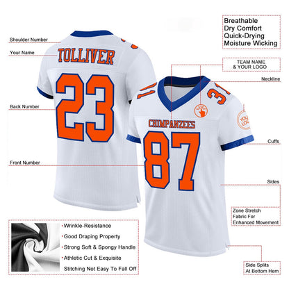 Custom White Orange Royal Mesh Authentic Football Jersey, Team Jerseys Football, Custom Football Jersey
