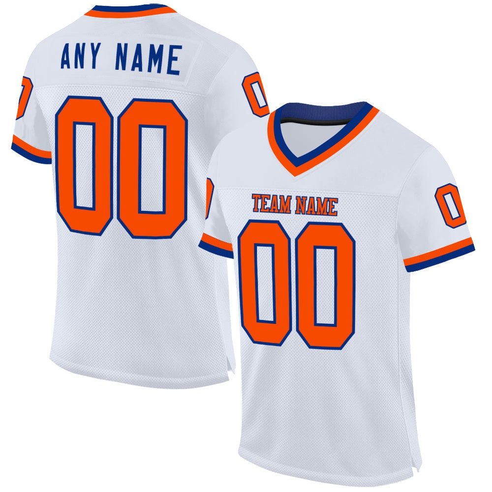 Custom White Orange Royal Mesh Authentic Throwback Football Jersey, Team Jerseys Football, Custom Football Jersey