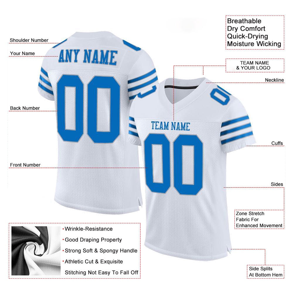 Custom White Panther Blue Light Gray Mesh Authentic Football Jersey, Team Jerseys Football, Custom Football Jersey