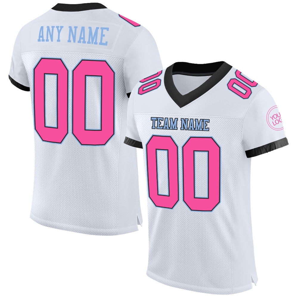 Custom White Pink Black Light Blue Mesh Authentic Football Jersey, Team Jerseys Football, Custom Football Jersey