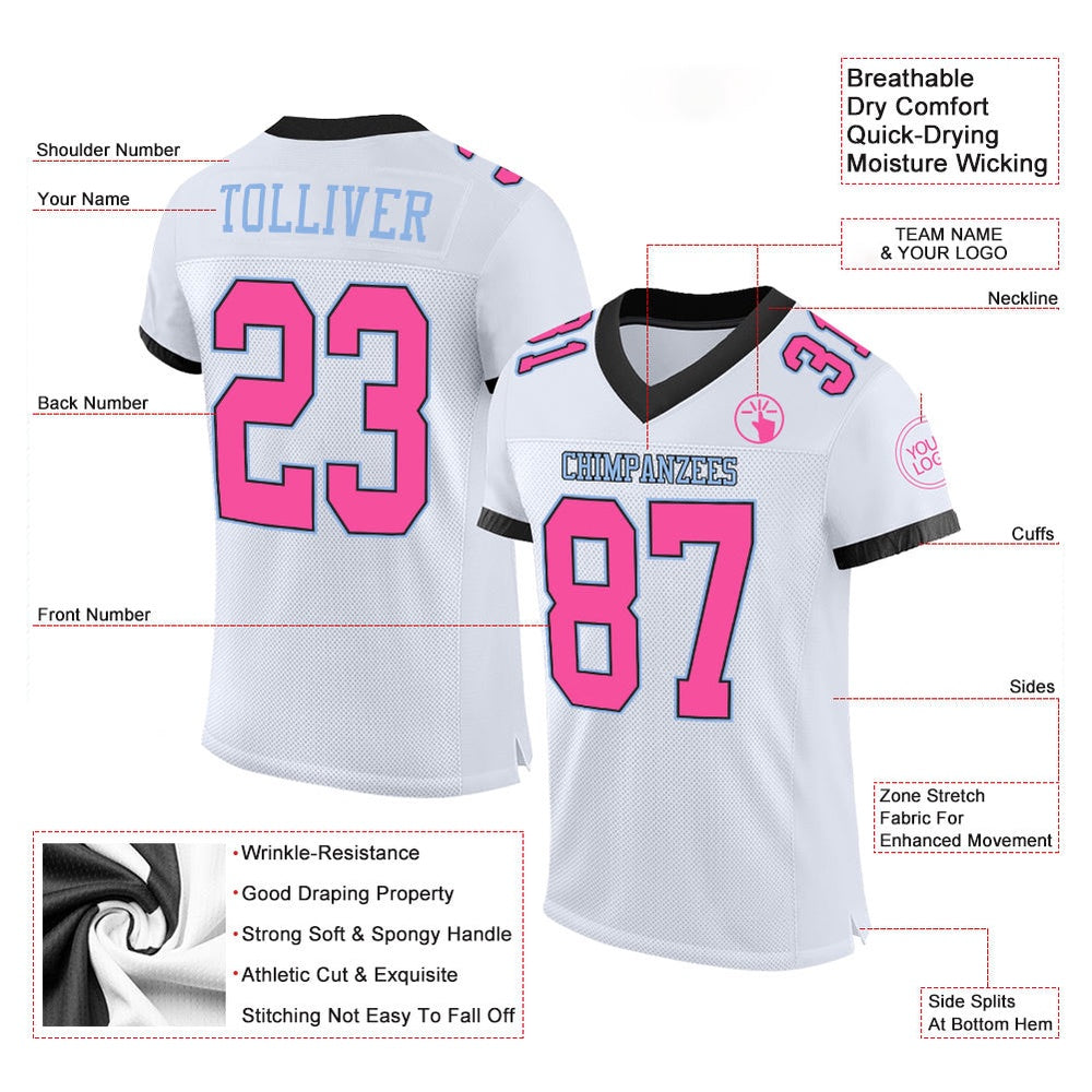 Custom White Pink Black Light Blue Mesh Authentic Football Jersey, Team Jerseys Football, Custom Football Jersey