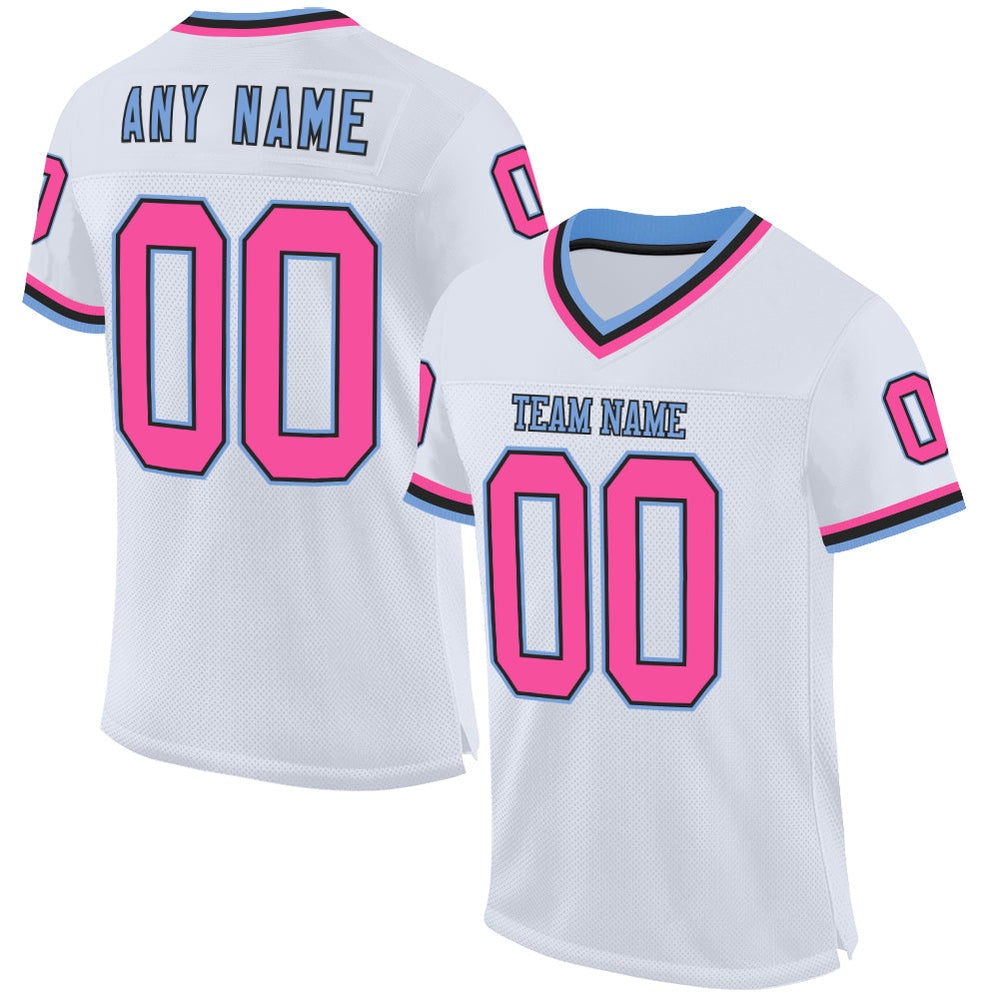 Custom White Pink Black Light Blue Mesh Authentic Throwback Football Jersey, Team Jerseys Football, Custom Football Jersey