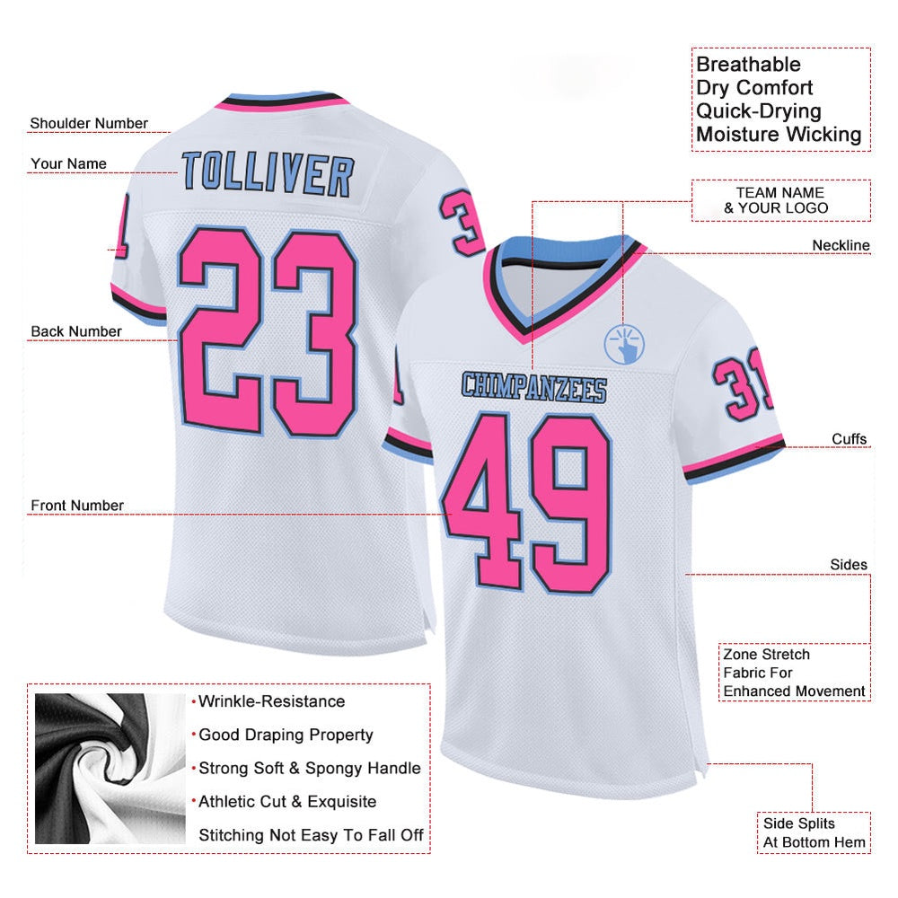 Custom White Pink Black Light Blue Mesh Authentic Throwback Football Jersey, Team Jerseys Football, Custom Football Jersey