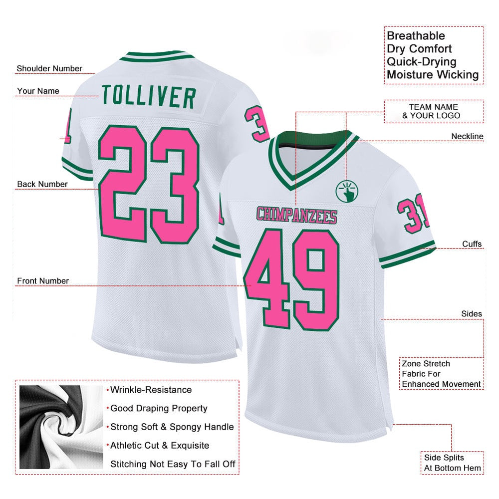 Custom White Pink Kelly Green Mesh Authentic Throwback Football Jersey, Team Jerseys Football, Custom Football Jersey