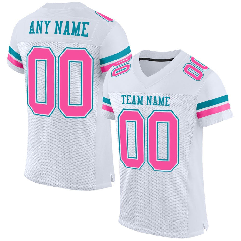 Custom White Pink Teal Mesh Authentic Football Jersey, Team Jerseys Football, Custom Football Jersey