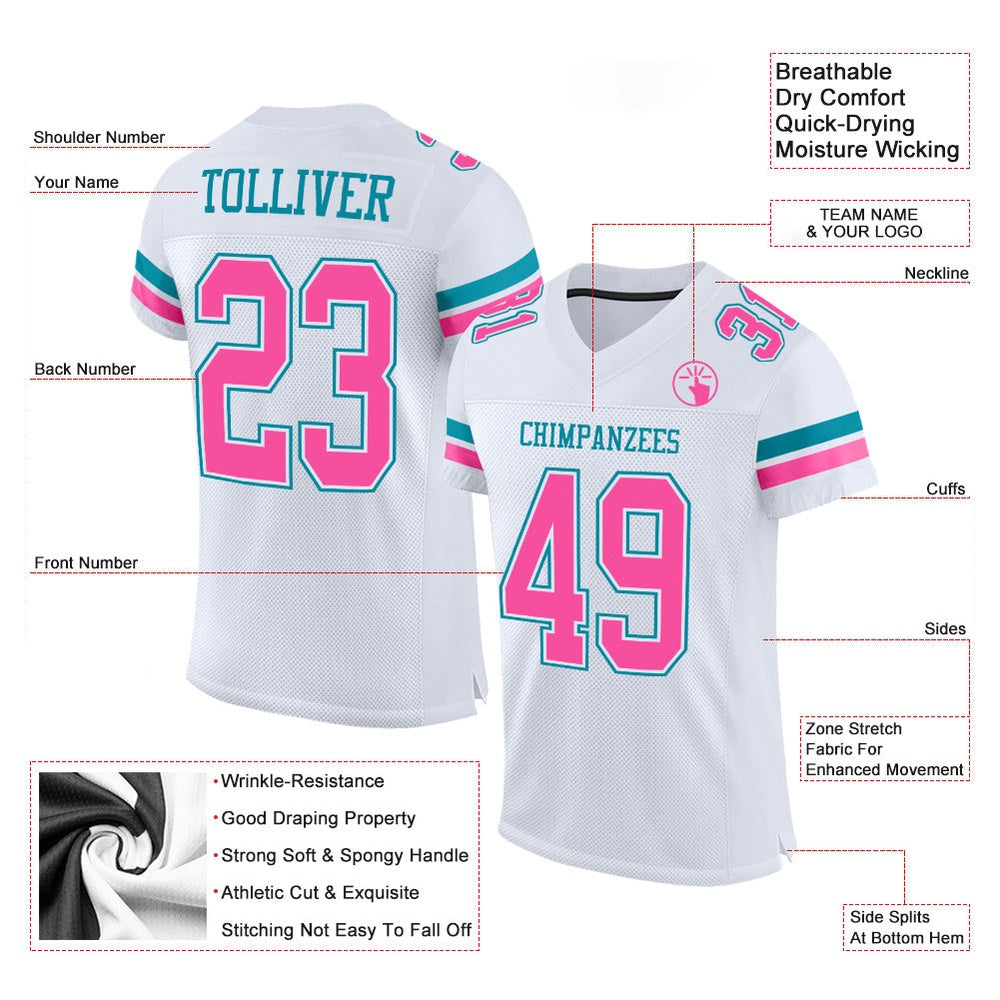 Custom White Pink Teal Mesh Authentic Football Jersey, Team Jerseys Football, Custom Football Jersey