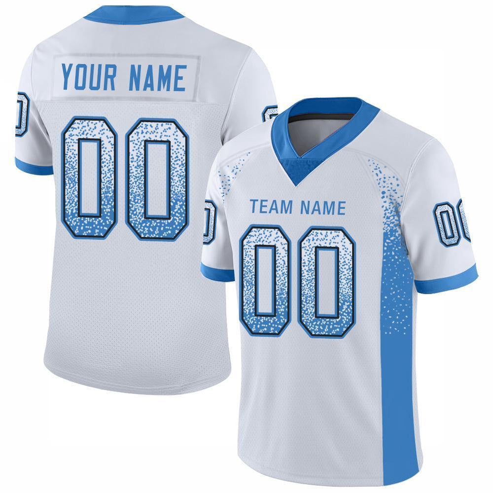 Custom White Powder Blue Black Mesh Drift Fashion Football Jersey, Team Jerseys Football, Custom Football Jersey