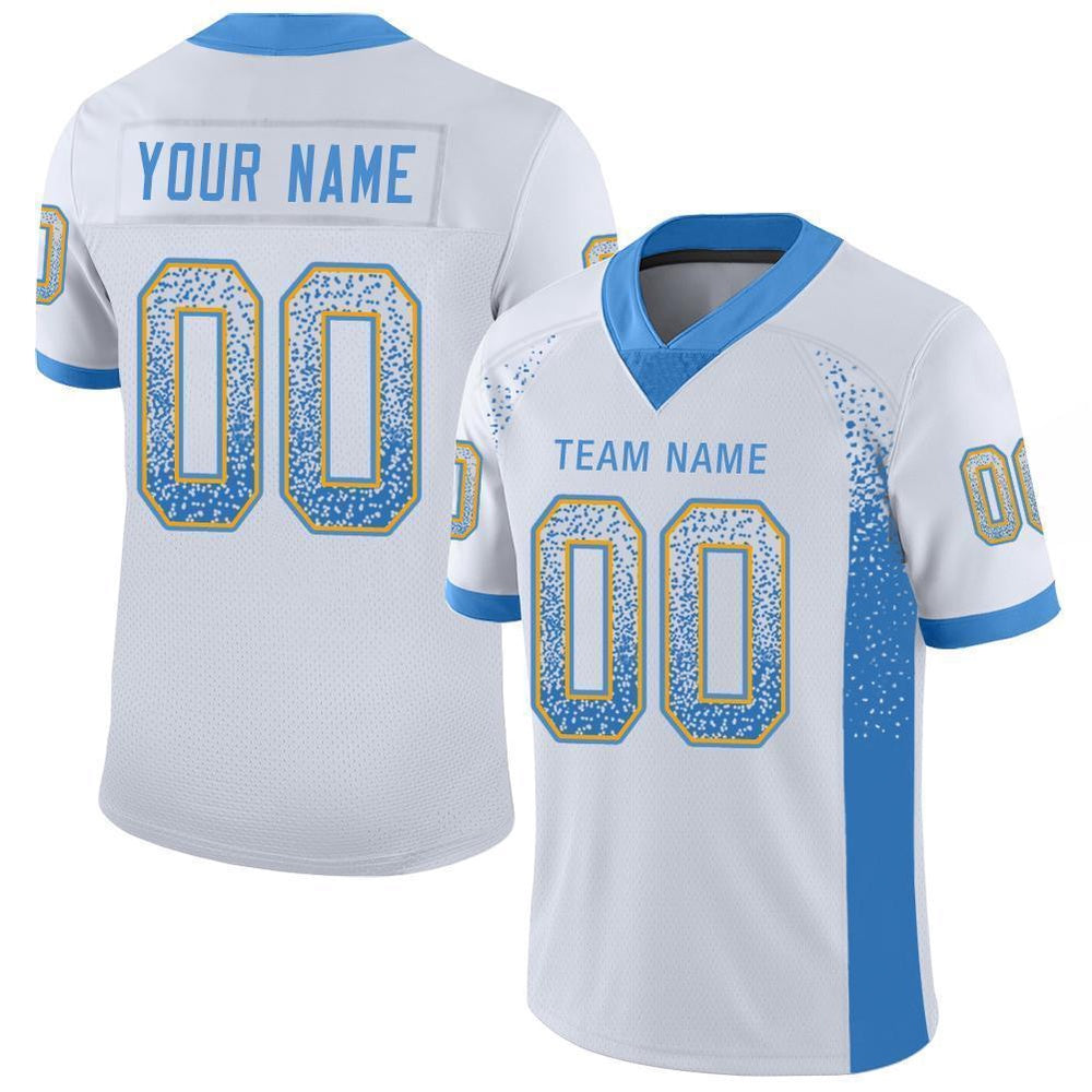 Custom White Powder Blue Gold Mesh Drift Fashion Football Jersey, Team Jerseys Football, Custom Football Jersey