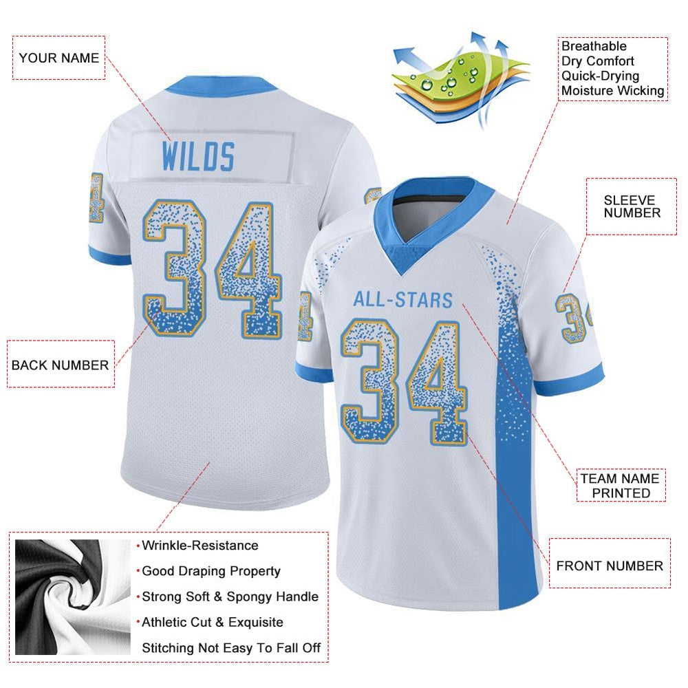 Custom White Powder Blue Gold Mesh Drift Fashion Football Jersey, Team Jerseys Football, Custom Football Jersey