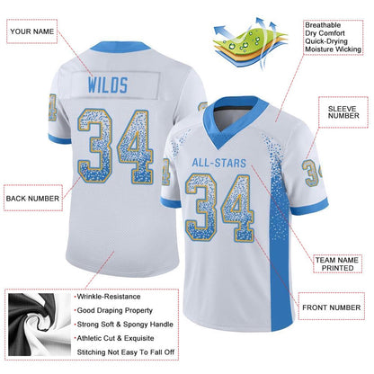Custom White Powder Blue Gold Mesh Drift Fashion Football Jersey, Team Jerseys Football, Custom Football Jersey