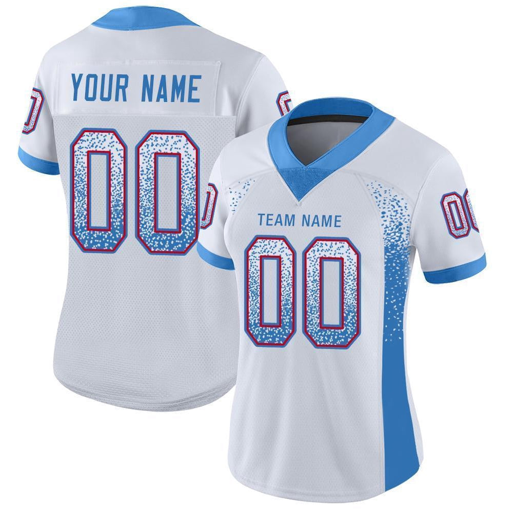 Custom White Powder Blue Red Mesh Drift Fashion Football Jersey, Team Jerseys Football, Custom Football Jersey
