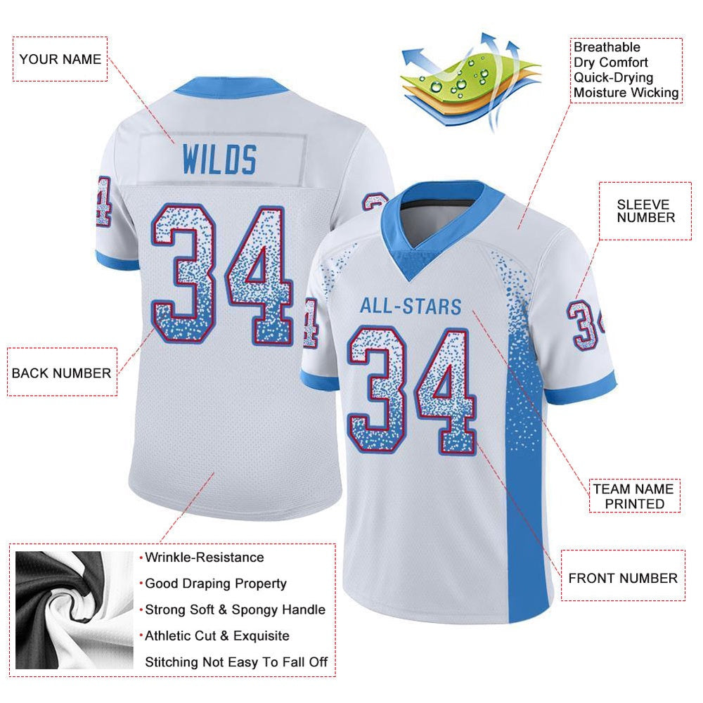 Custom White Powder Blue Red Mesh Drift Fashion Football Jersey, Team Jerseys Football, Custom Football Jersey
