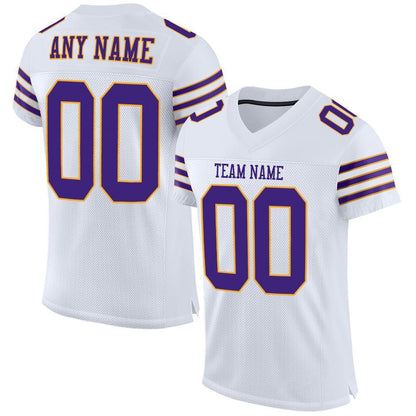 Custom White Purple Gold Mesh Authentic Football Jersey, Team Jerseys Football, Custom Football Jersey
