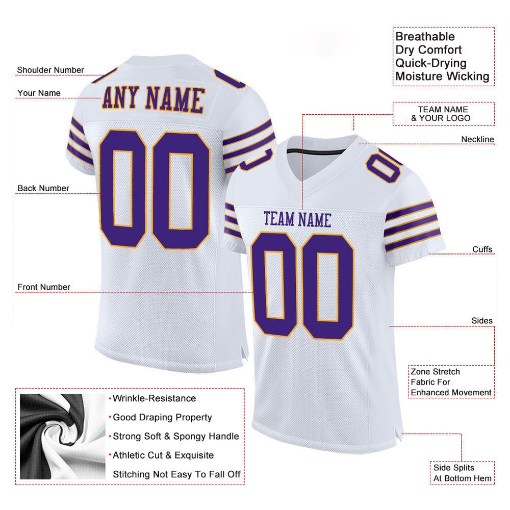 Custom White Purple Gold Mesh Authentic Football Jersey, Team Jerseys Football, Custom Football Jersey