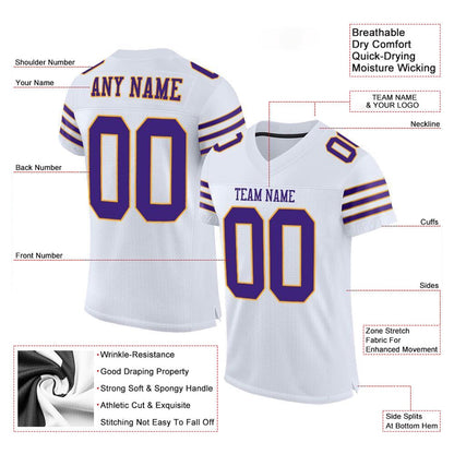 Custom White Purple Gold Mesh Authentic Football Jersey, Team Jerseys Football, Custom Football Jersey