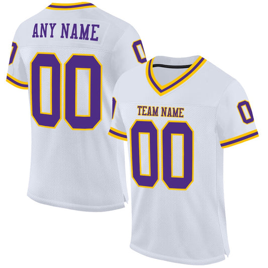 Custom White Purple Gold Mesh Authentic Throwback Football Jersey, Team Jerseys Football, Custom Football Jersey