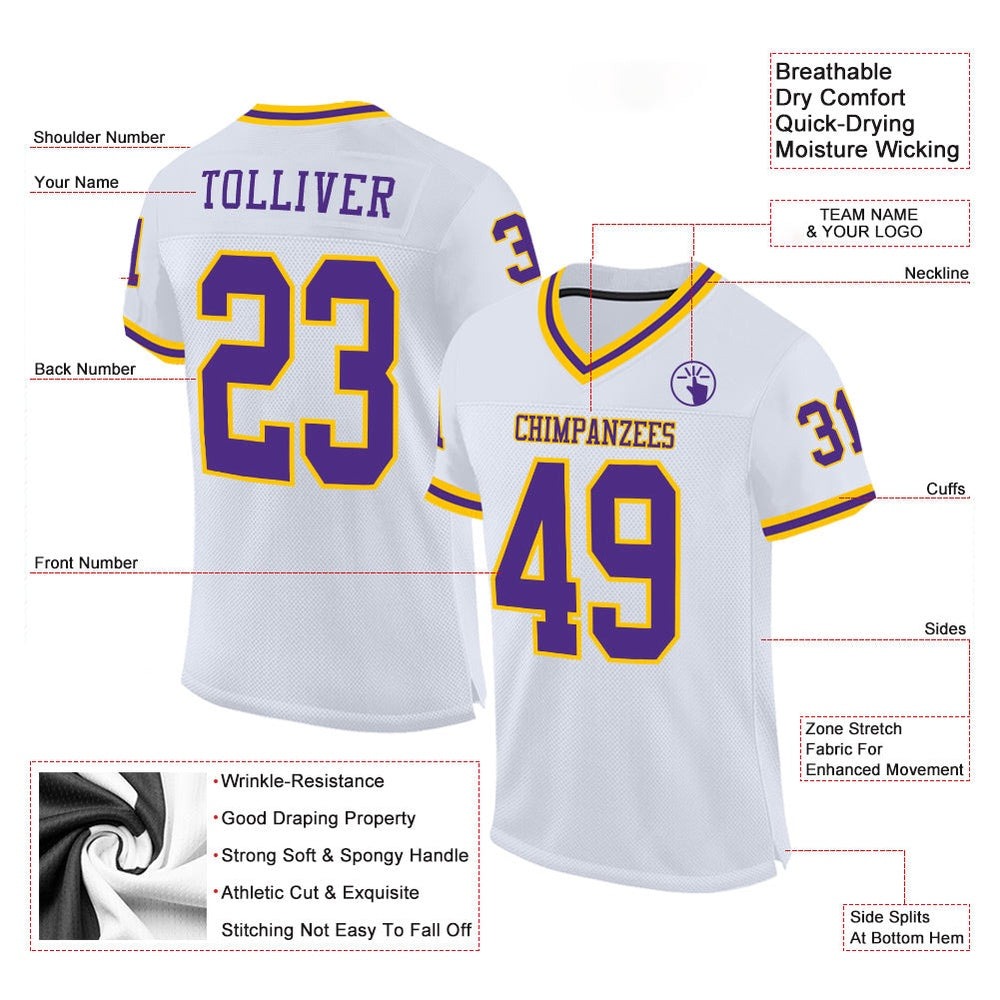 Custom White Purple Gold Mesh Authentic Throwback Football Jersey, Team Jerseys Football, Custom Football Jersey