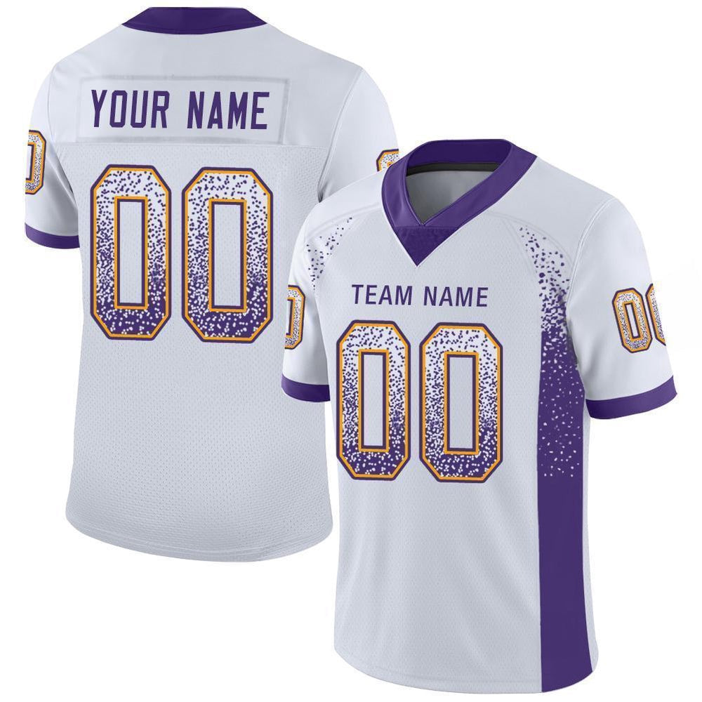 Custom White Purple Gold Mesh Drift Fashion Football Jersey, Team Jerseys Football, Custom Football Jersey
