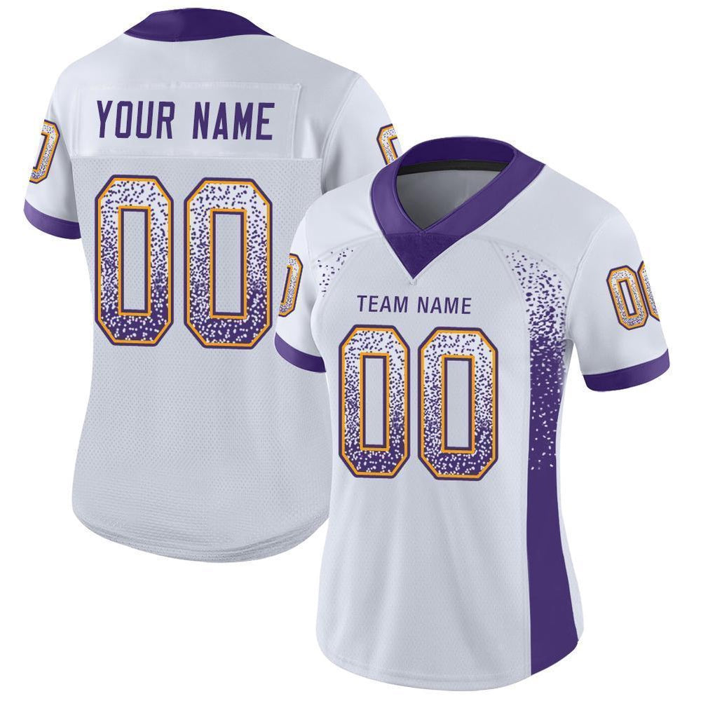 Custom White Purple Gold Mesh Drift Fashion Football Jersey, Team Jerseys Football, Custom Football Jersey