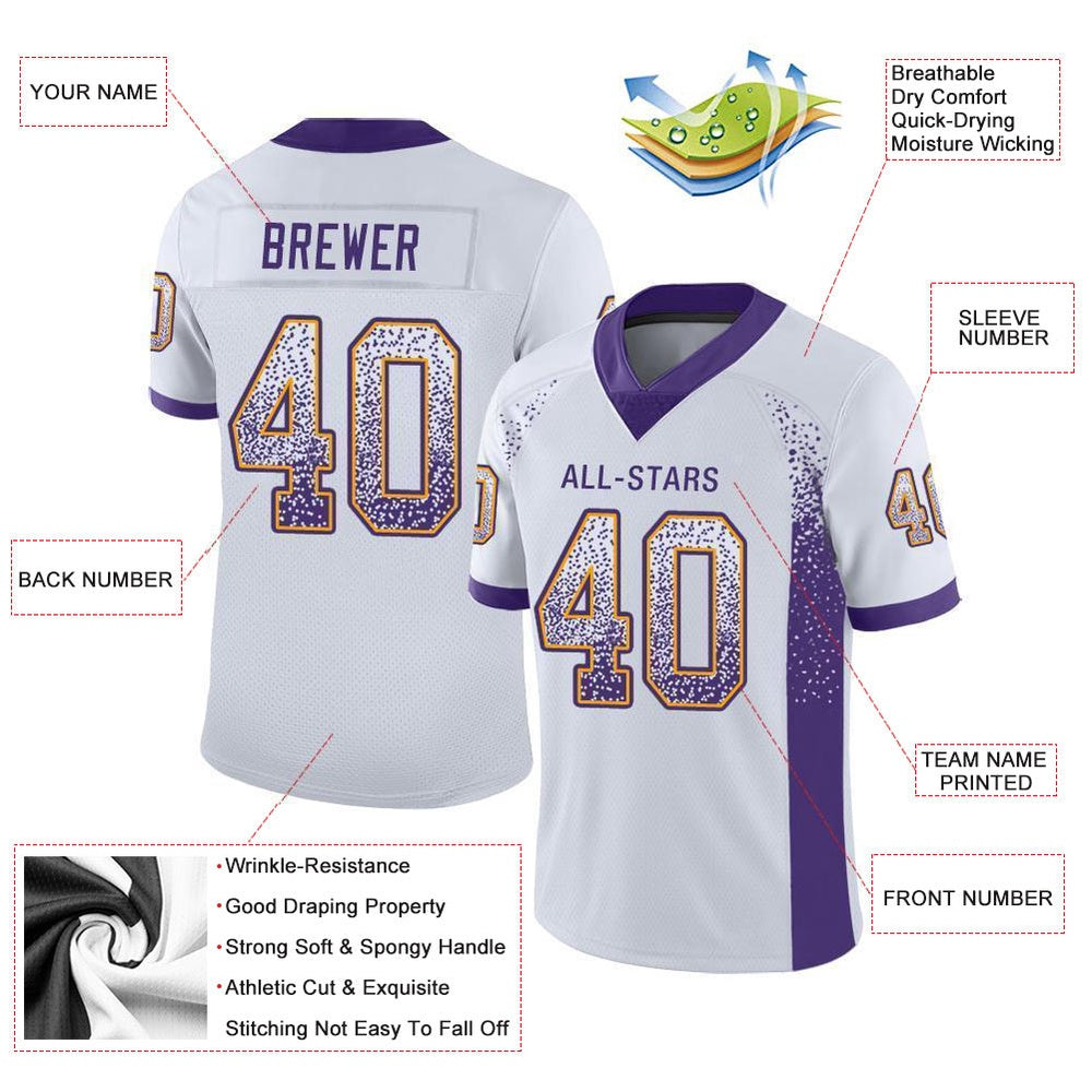 Custom White Purple Gold Mesh Drift Fashion Football Jersey, Team Jerseys Football, Custom Football Jersey