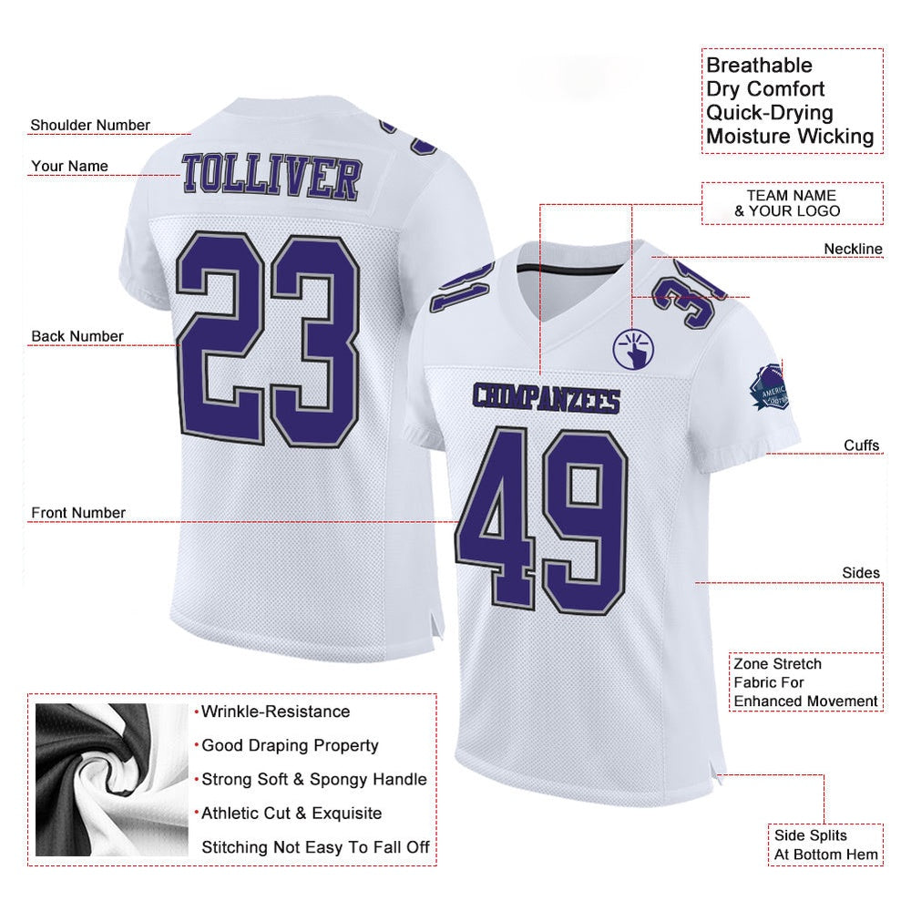 Custom White Purple Gray Black Mesh Authentic Football Jersey, Team Jerseys Football, Custom Football Jersey