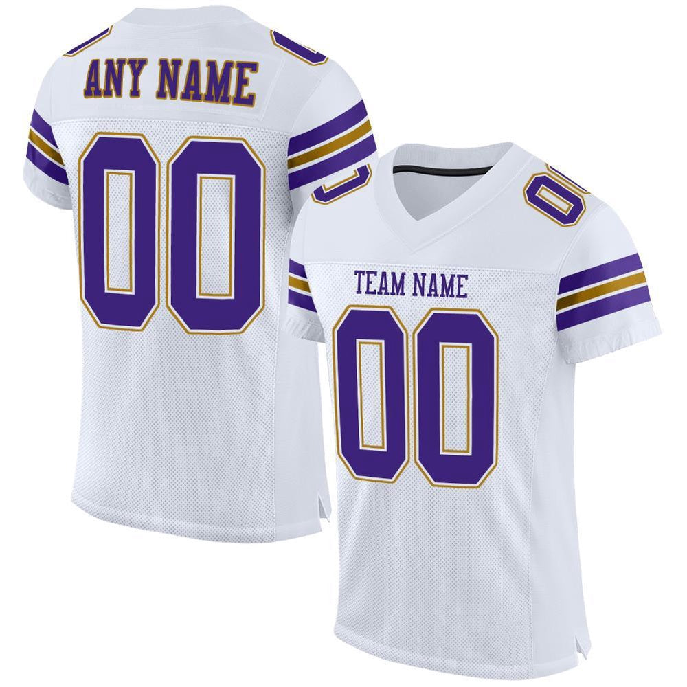 Custom White Purple Old Gold Mesh Authentic Football Jersey, Team Jerseys Football, Custom Football Jersey