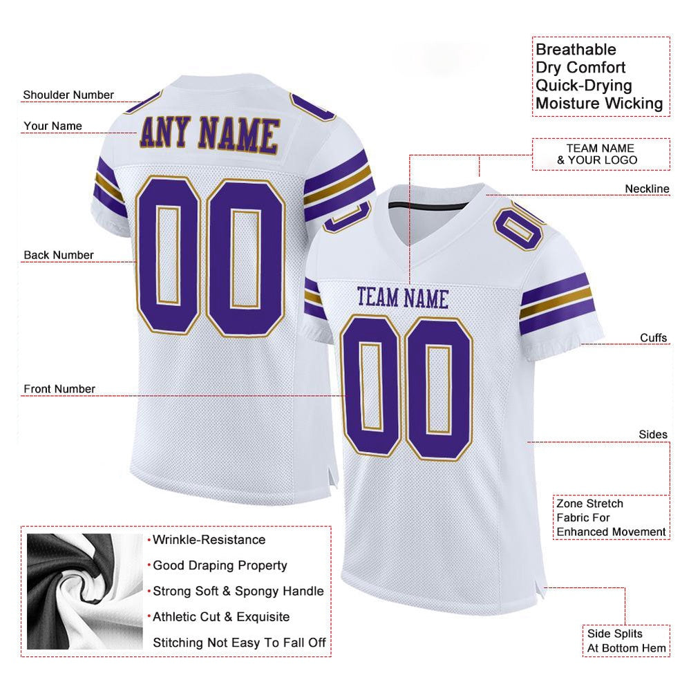 Custom White Purple Old Gold Mesh Authentic Football Jersey, Team Jerseys Football, Custom Football Jersey