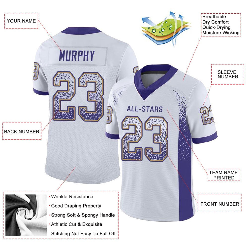 Custom White Purple Old Gold Mesh Drift Fashion Football Jersey, Team Jerseys Football, Custom Football Jersey