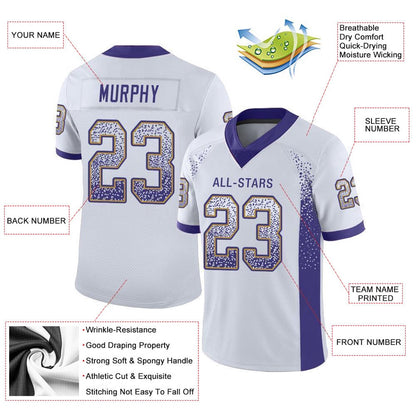 Custom White Purple Old Gold Mesh Drift Fashion Football Jersey, Team Jerseys Football, Custom Football Jersey
