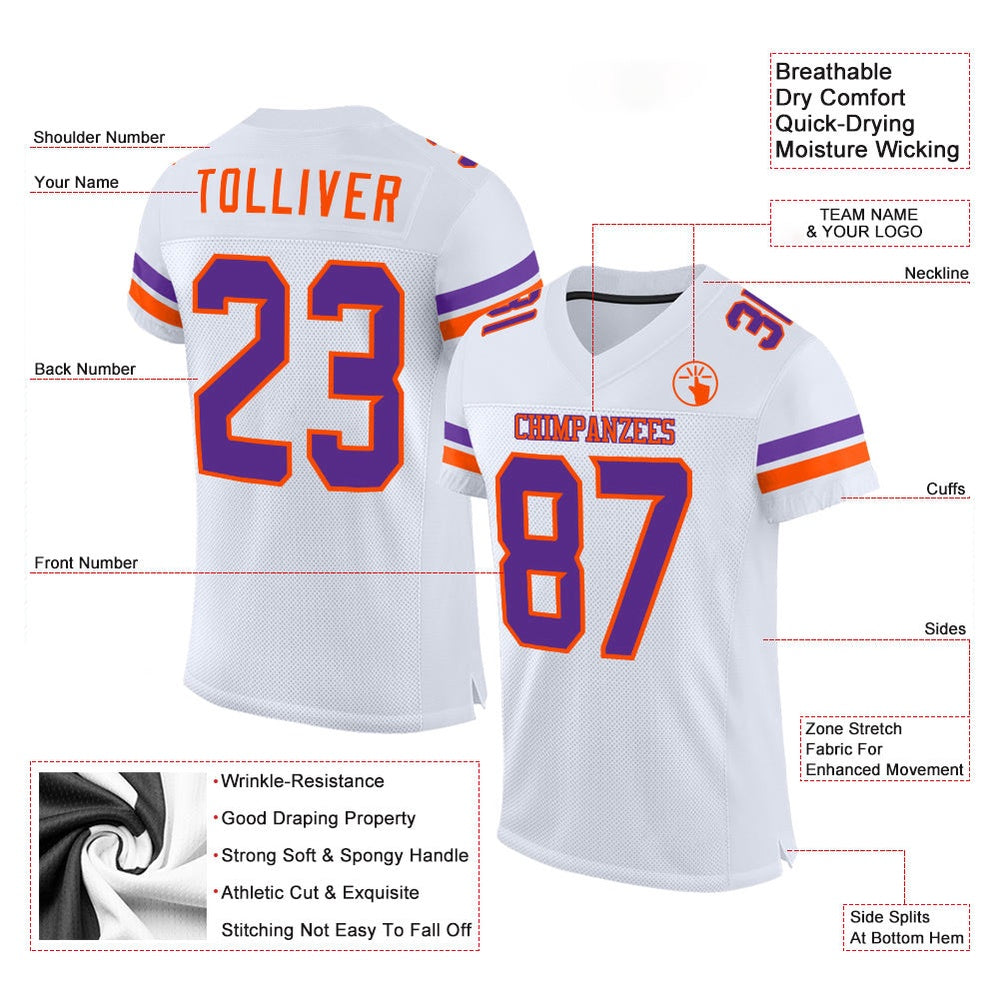 Custom White Purple Orange Mesh Authentic Football Jersey, Team Jerseys Football, Custom Football Jersey