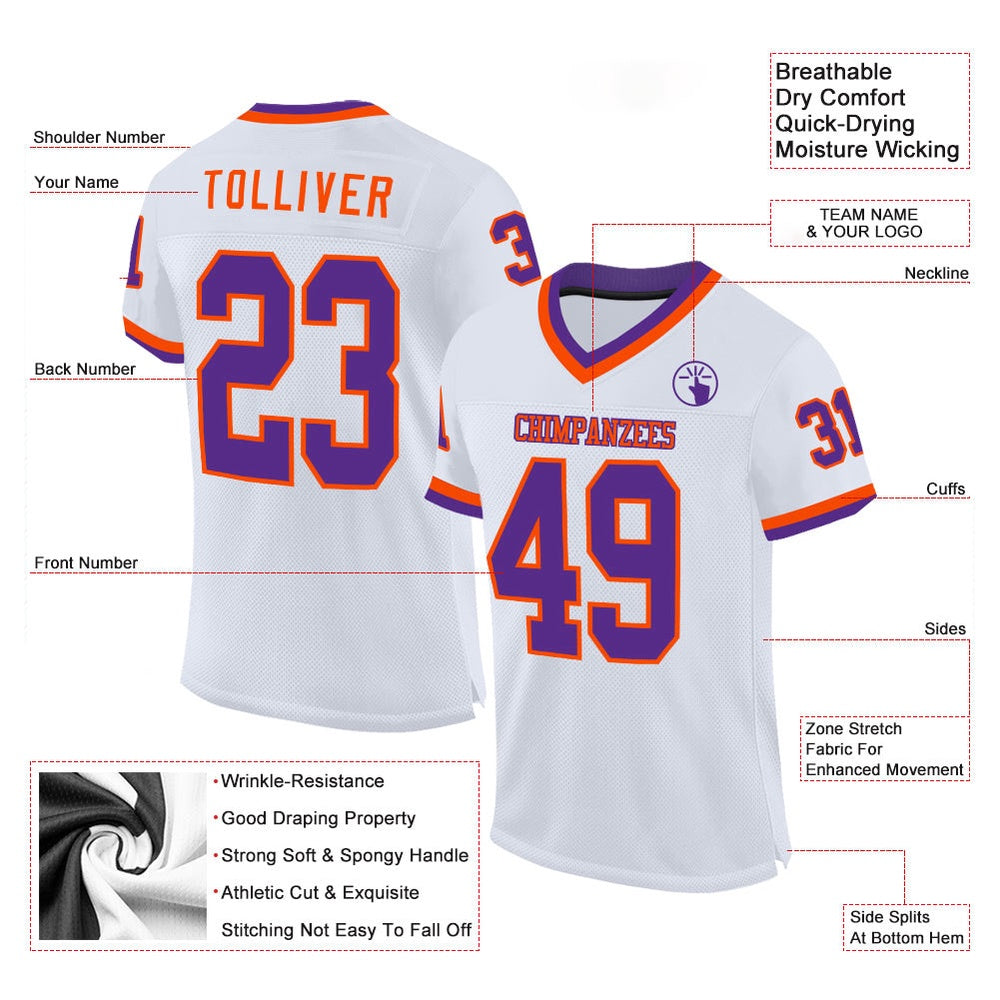 Custom White Purple Orange Mesh Authentic Throwback Football Jersey, Team Jerseys Football, Custom Football Jersey