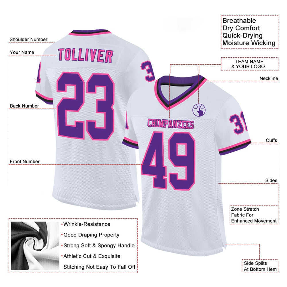 Custom White Purple Pink Black Mesh Authentic Throwback Football Jersey, Team Jerseys Football, Custom Football Jersey
