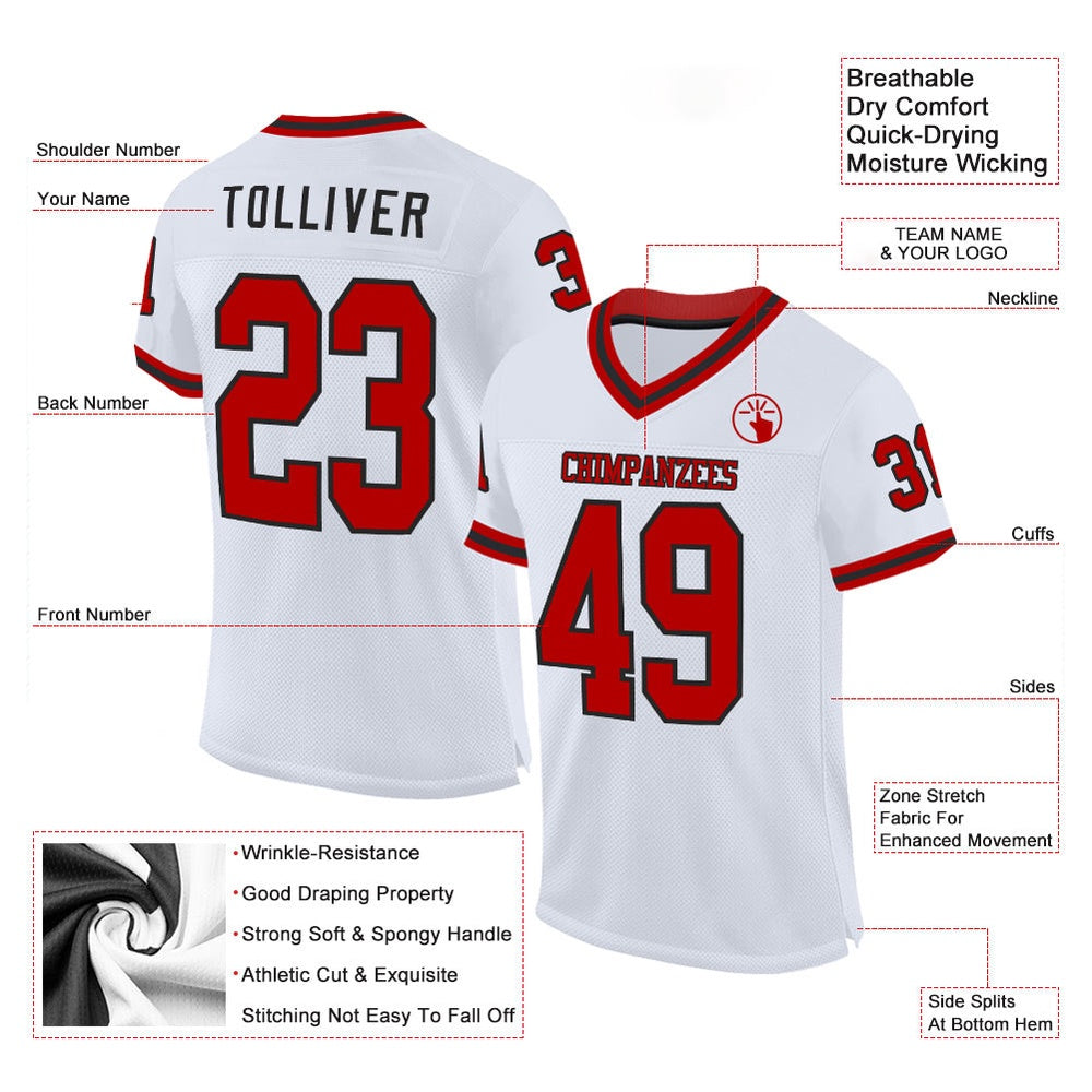 Custom White Red Black Mesh Authentic Throwback Football Jersey, Team Jerseys Football, Custom Football Jersey
