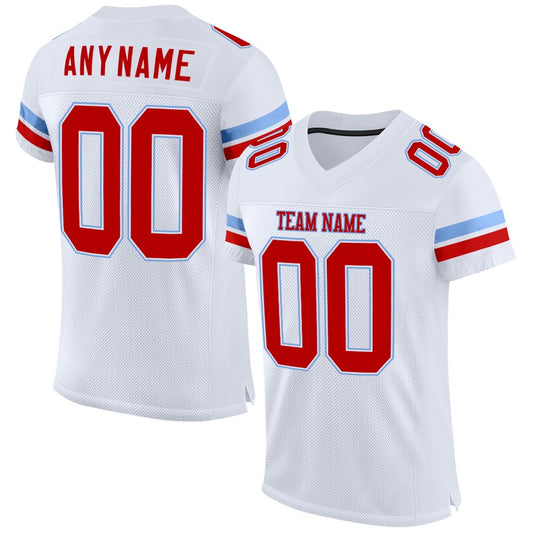 Custom White Red Light Blue Mesh Authentic Football Jersey, Team Jerseys Football, Custom Football Jersey