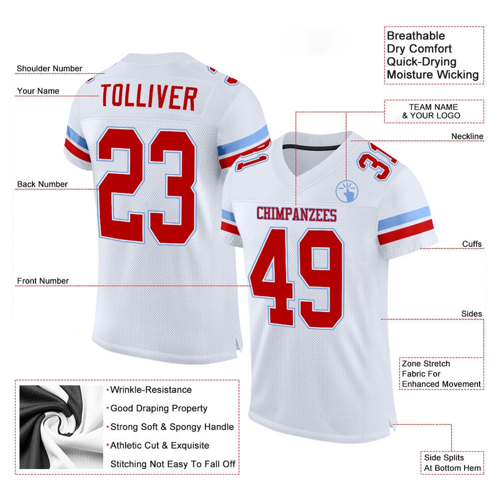 Custom White Red Light Blue Mesh Authentic Football Jersey, Team Jerseys Football, Custom Football Jersey