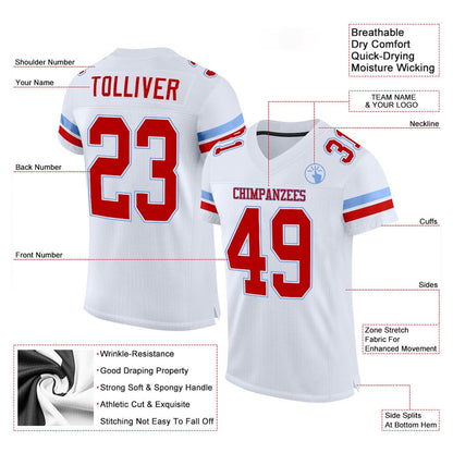 Custom White Red Light Blue Mesh Authentic Football Jersey, Team Jerseys Football, Custom Football Jersey