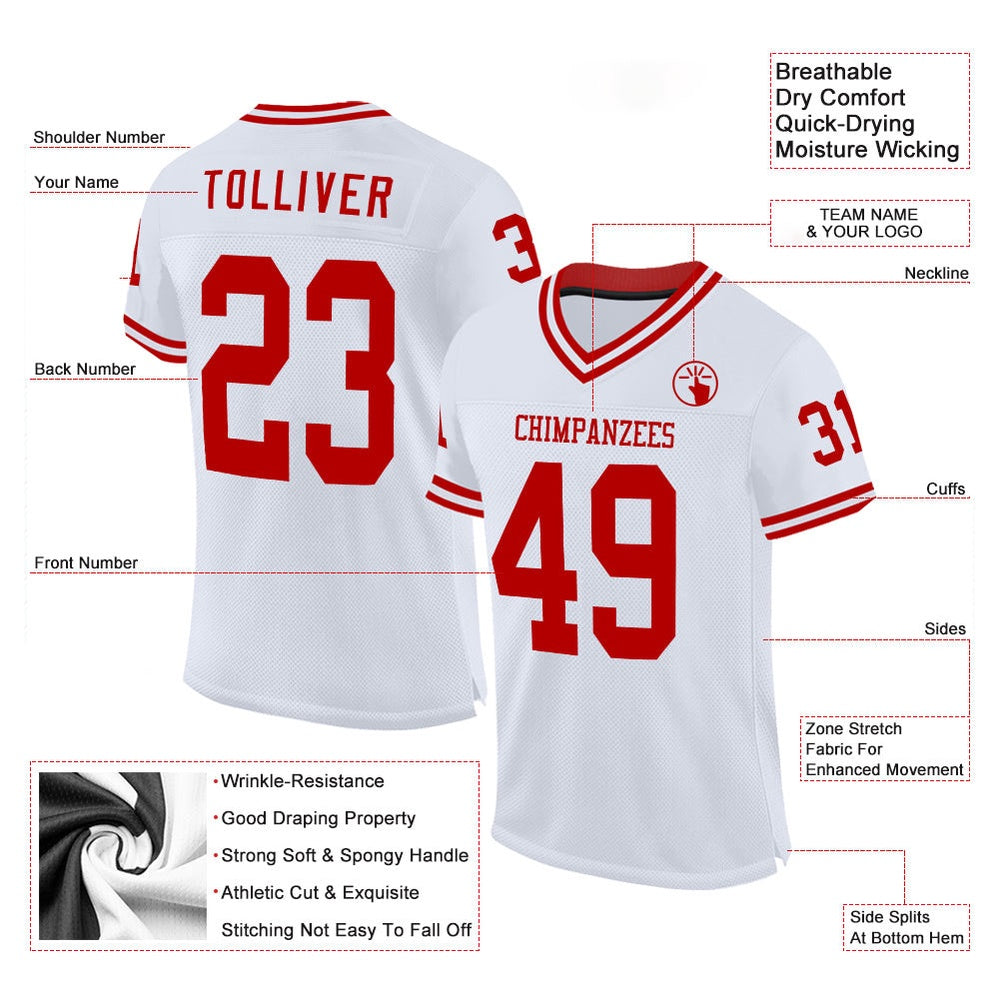 Custom White Red Mesh Authentic Throwback Football Jersey, Team Jerseys Football, Custom Football Jersey