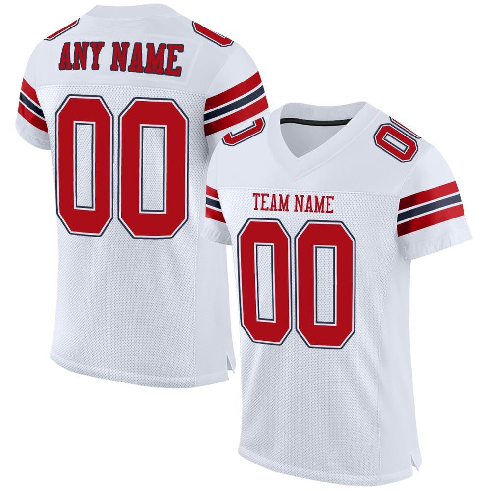 Custom White Red Navy Mesh Authentic Football Jersey, Team Jerseys Football, Custom Football Jersey