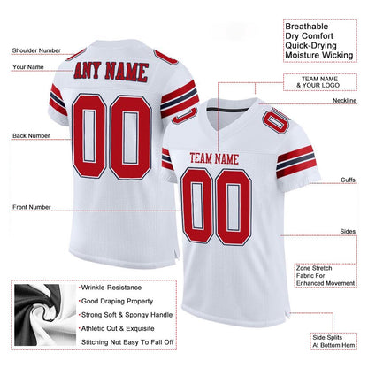 Custom White Red Navy Mesh Authentic Football Jersey, Team Jerseys Football, Custom Football Jersey
