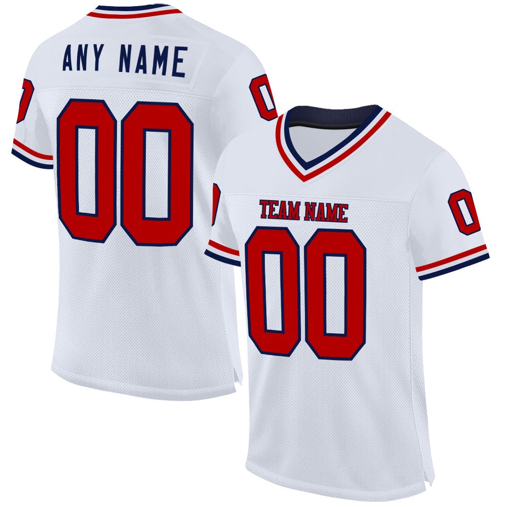 Custom White Red Navy Mesh Authentic Throwback Football Jersey, Team Jerseys Football, Custom Football Jersey